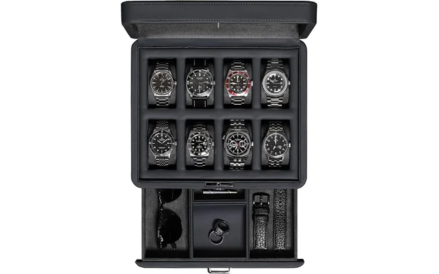 ROTHWELL 8 Slot Leather Watch Box with Valet Drawer - Luxury Case Display Jewelry Organizer, Locking