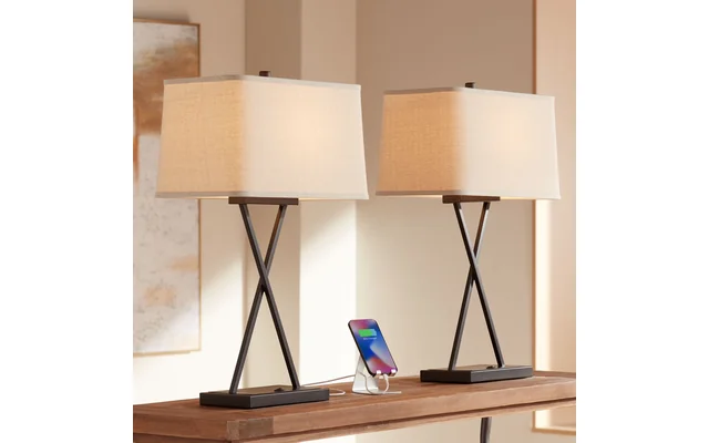 Franklin Iron Works Megan Modern Table Lamps 26 1/2" High Set of 2 Bronze Metal with USB Charging Po